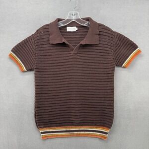 OXKNITSTORE Mens Brown Crochet Knit Polo Shirt Retro Striped Trim Small